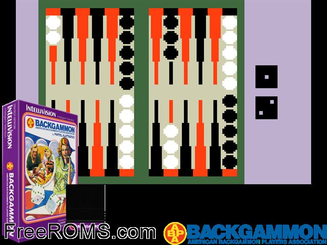 ABPA Backgammon (1978)(Mattel) Intellivision game showing 3D box cover and gameplay screenshot