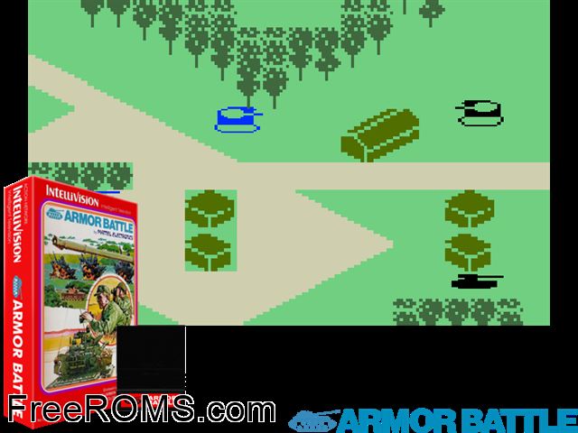 Armor Battle (1978)(Mattel) Intellivision game showing 3D box cover and gameplay screenshot