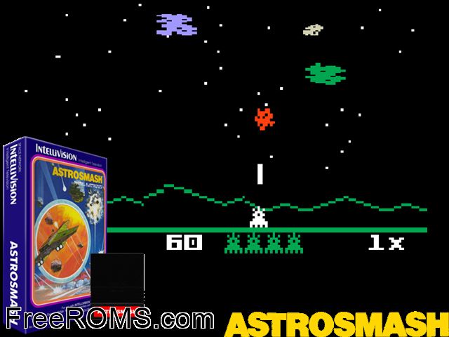 Astrosmash (1981)(Mattel) Intellivision game showing 3D box cover and gameplay screenshot
