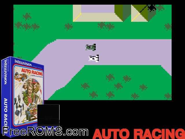 Auto Racing (1979)(Mattel) Intellivision game showing 3D box cover and gameplay screenshot