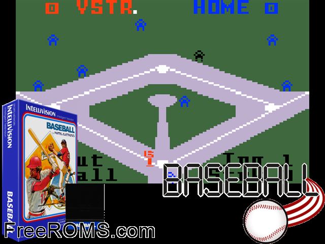 Baseball (1978)(Mattel) Intellivision game showing 3D box cover and gameplay screenshot