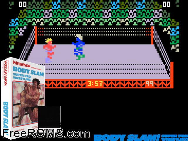 Body Slam - Super Pro Wrestling (1988)(Intv Corp) Intellivision game showing 3D box cover and gameplay screenshot