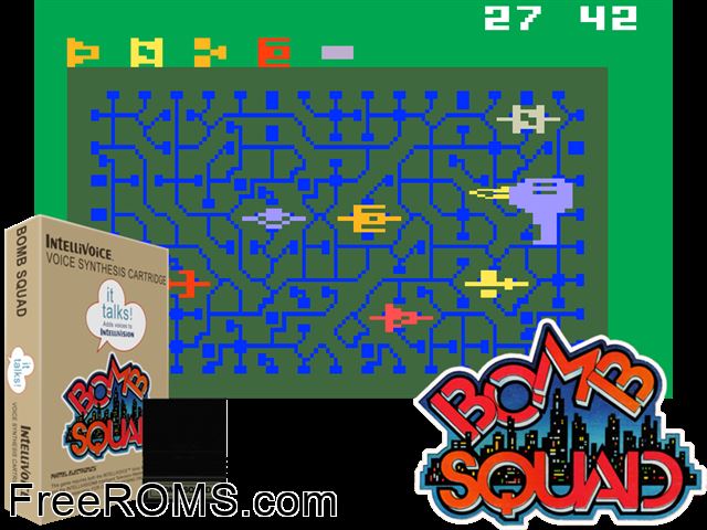 Bomb Squad (1982)(Mattel) Intellivision game showing 3D box cover and gameplay screenshot