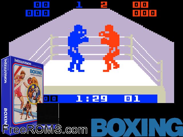 Boxing (1980)(Mattel) Intellivision game showing 3D box cover and gameplay screenshot