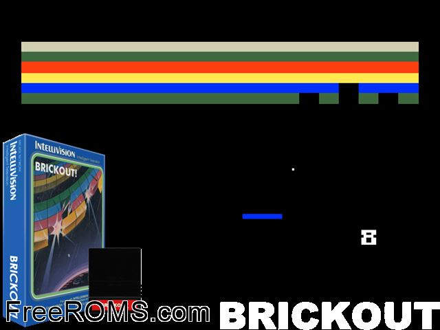 Brickout! (1981)(Mattel) Intellivision game showing 3D box cover and gameplay screenshot