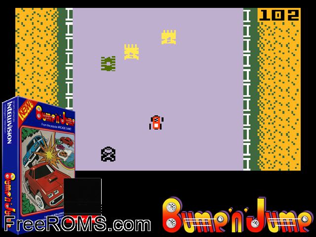 Bump N Jump (1982-83)(Mattel) Intellivision game showing 3D box cover and gameplay screenshot