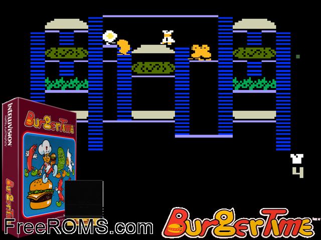 BurgerTime! (1982)(Mattel) Intellivision game showing 3D box cover and gameplay screenshot