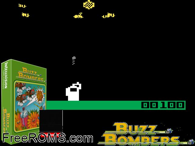 Buzz Bombers (1982)(Mattel) Intellivision game showing 3D box cover and gameplay screenshot