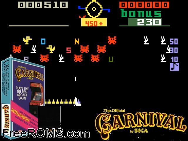 Carnival (1982)(Coleco-CBS) Intellivision game showing 3D box cover and gameplay screenshot