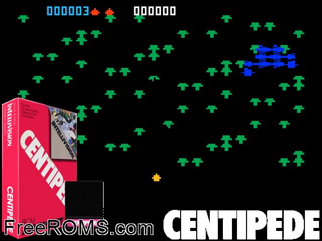 Centipede (1983)(Atarisoft) Intellivision game showing 3D box cover and gameplay screenshot
