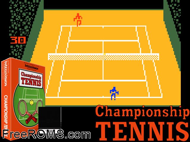 Championship Tennis (1985)(Mattel) Intellivision game showing 3D box cover and gameplay screenshot