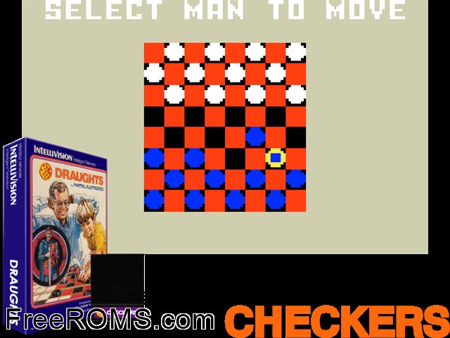 Checkers (1979)(Mattel) Intellivision game showing 3D box cover and gameplay screenshot