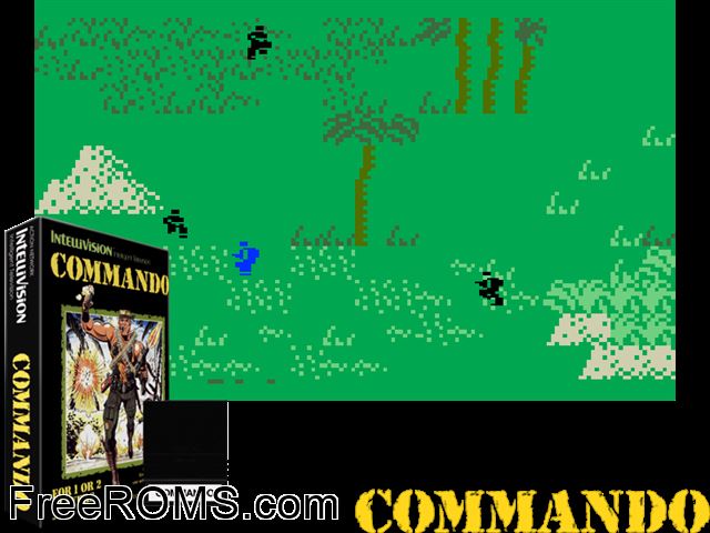 Commando (1987)(Mattel) Intellivision game showing 3D box cover and gameplay screenshot