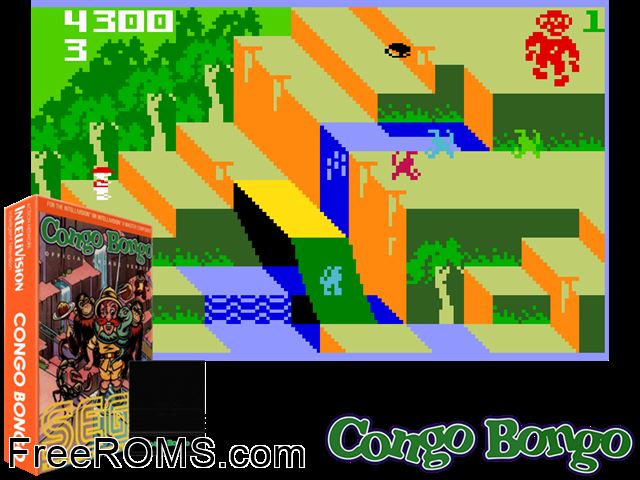Congo Bongo (1983)(Sega) Intellivision game showing 3D box cover and gameplay screenshot