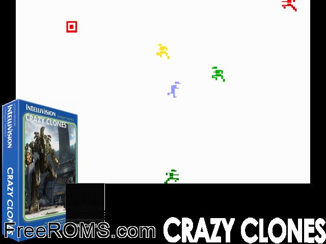Crazy Clones (1981)(PD) Intellivision game showing 3D box cover and gameplay screenshot