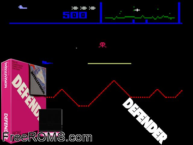 Defender (1983)(Atarisoft) Intellivision game showing 3D box cover and gameplay screenshot