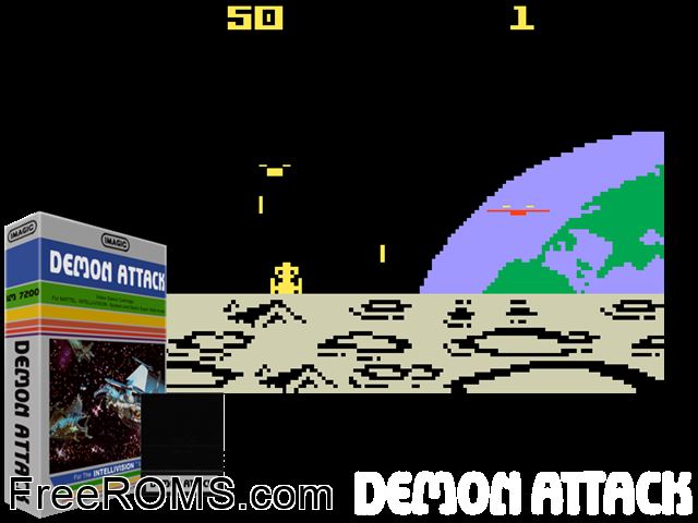 Demon Attack (1982)(Imagic) Intellivision game showing 3D box cover and gameplay screenshot