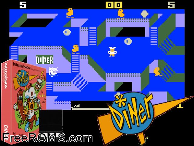 Diner (1987)(Intv Corp) Intellivision game showing 3D box cover and gameplay screenshot