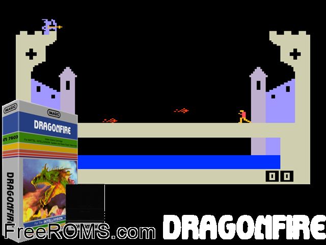Dragonfire (1982)(Imagic) Intellivision game showing 3D box cover and gameplay screenshot