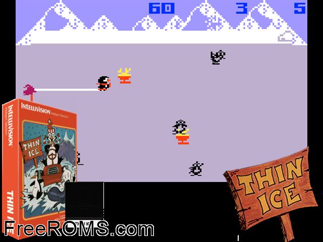 Duncans Thin Ice (1983)(Mattel) Intellivision game showing 3D box cover and gameplay screenshot