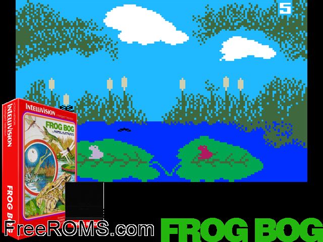 Frog Bog (1982)(Mattel) Intellivision game showing 3D box cover and gameplay screenshot