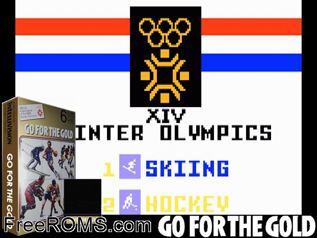 Go For the Gold (1981)(Mattel) Intellivision game showing 3D box cover and gameplay screenshot