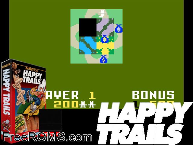 Happy Trails (1983)(Activision) Intellivision game showing 3D box cover and gameplay screenshot