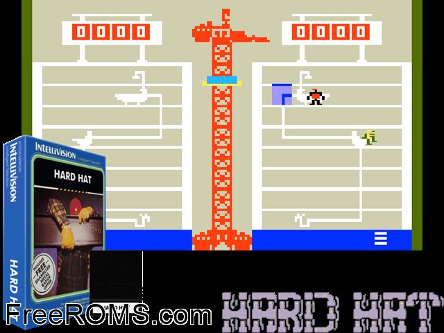 Hard Hat (1979)(Mattel) Intellivision game showing 3D box cover and gameplay screenshot