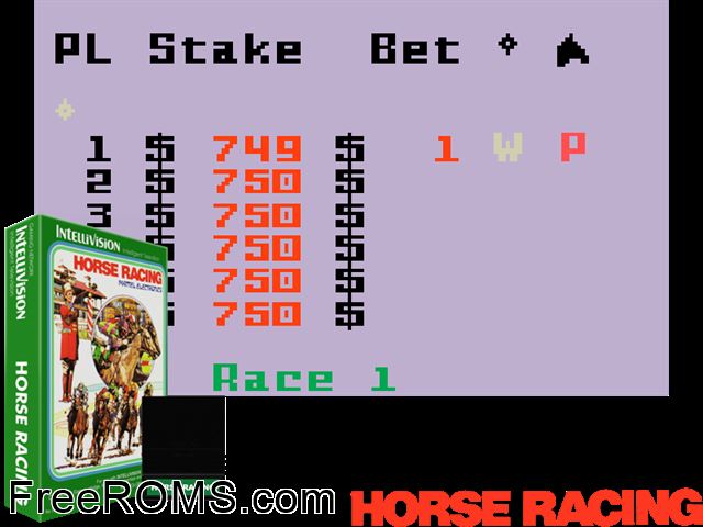 Horse Racing (1980)(Mattel) Intellivision game showing 3D box cover and gameplay screenshot