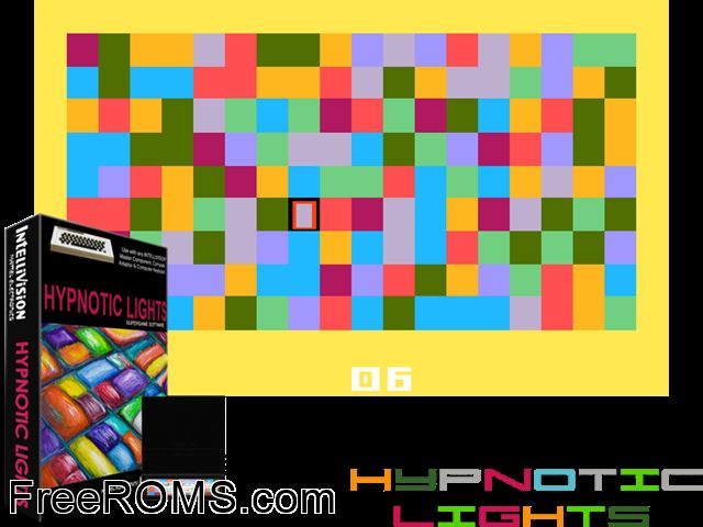 Hypnotic Lights (1981)(Mattel) Intellivision game showing 3D box cover and gameplay screenshot