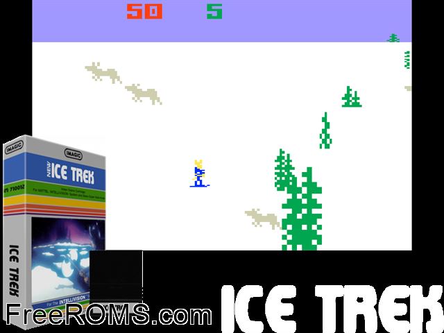 Ice Trek (1983)(Imagic) Intellivision game showing 3D box cover and gameplay screenshot
