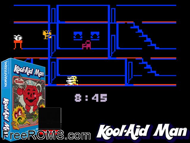 Kool-Aid Man (1983)(Mattel) Intellivision game showing 3D box cover and gameplay screenshot