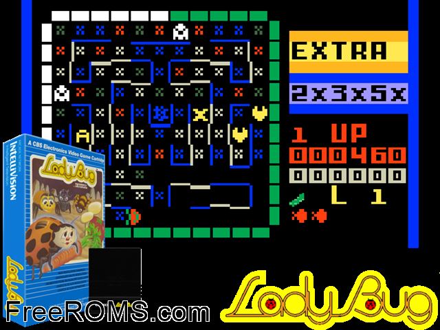 Lady Bug (1983)(Coleco) Intellivision game showing 3D box cover and gameplay screenshot