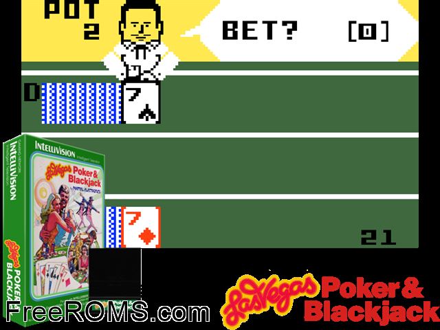 Las Vegas Blackjack and Poker (1979)(Mattel) Intellivision game showing 3D box cover and gameplay screenshot