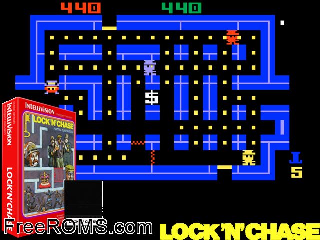 Lock N Chase (1982)(Mattel) Intellivision game showing 3D box cover and gameplay screenshot