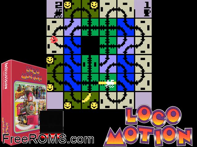 Loco-Motion (1982)(Mattel) Intellivision game showing 3D box cover and gameplay screenshot