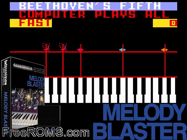 Melody Blaster (1983)(Mattel) Intellivision game showing 3D box cover and gameplay screenshot