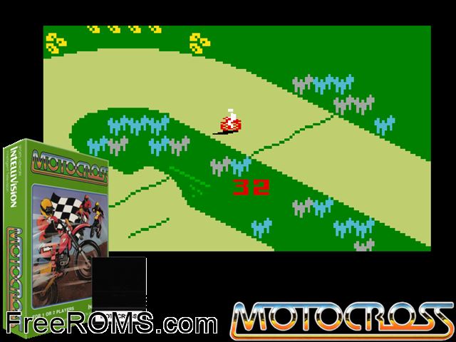 Motocross (1982)(Mattel) Intellivision game showing 3D box cover and gameplay screenshot