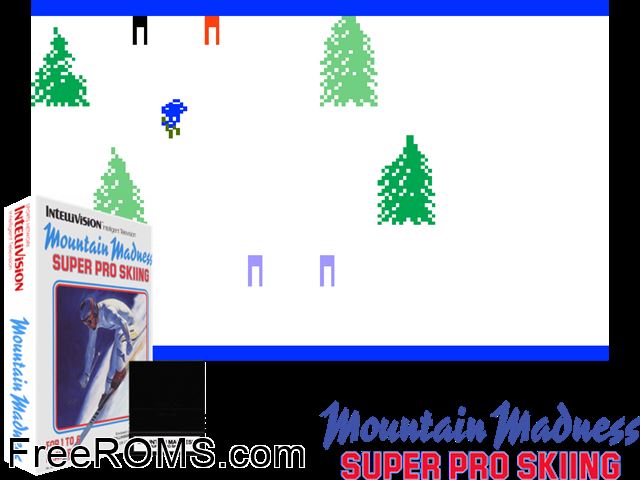Mountain Madness - Super Pro Skiing (1987)(Intv Corp) Intellivision game showing 3D box cover and gameplay screenshot