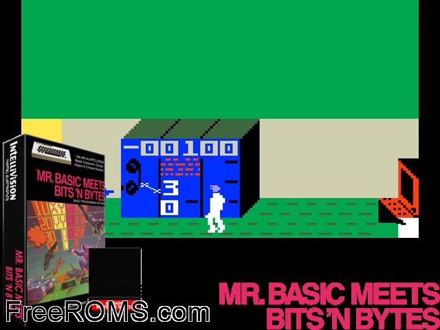 Mr. Basic Meets Bits N Bytes (1983)(Mattel) Intellivision game showing 3D box cover and gameplay screenshot