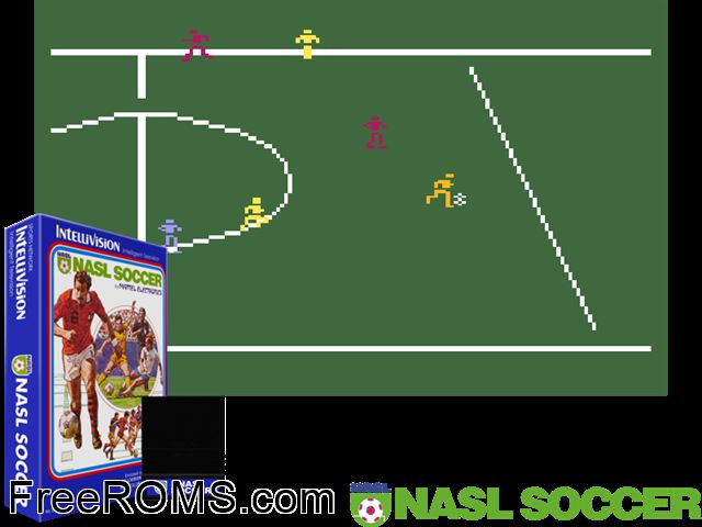 NASL Soccer (1979)(Mattel) Intellivision game showing 3D box cover and gameplay screenshot