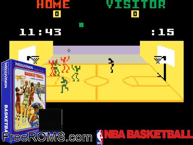 NBA Basketball (1978)(Mattel) Intellivision game showing 3D box cover and gameplay screenshot