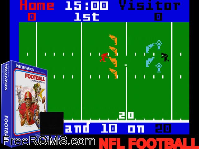 NFL Football (1978)(Mattel) Intellivision game showing 3D box cover and gameplay screenshot