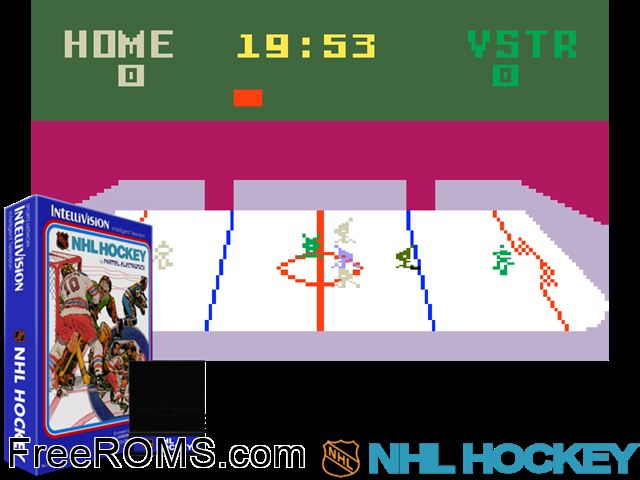 NHL Hockey (1979)(Mattel) Intellivision game showing 3D box cover and gameplay screenshot