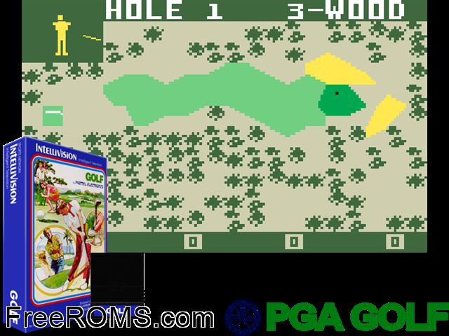 PGA Golf (1979)(Mattel) Intellivision game showing 3D box cover and gameplay screenshot