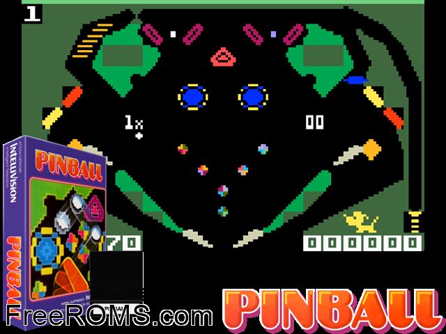 Pinball (1981)(Mattel) Intellivision game showing 3D box cover and gameplay screenshot