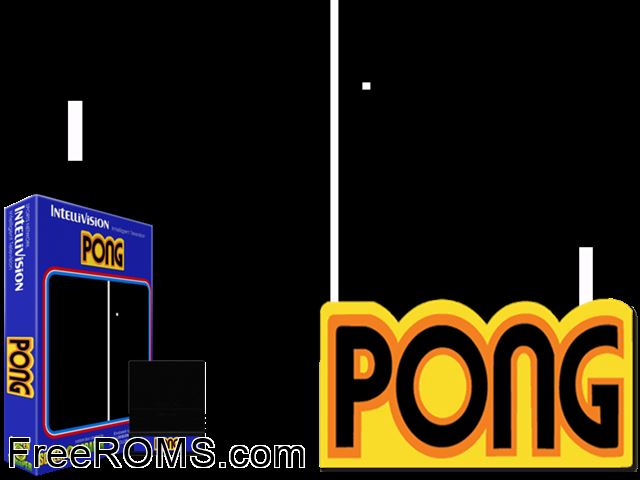 Pong (1999)(PD) Intellivision game showing 3D box cover and gameplay screenshot