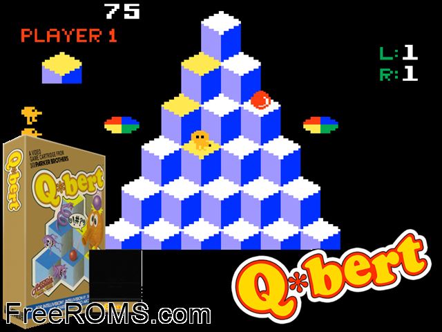 Q-bert (1983)(Parker Bros) Intellivision game showing 3D box cover and gameplay screenshot