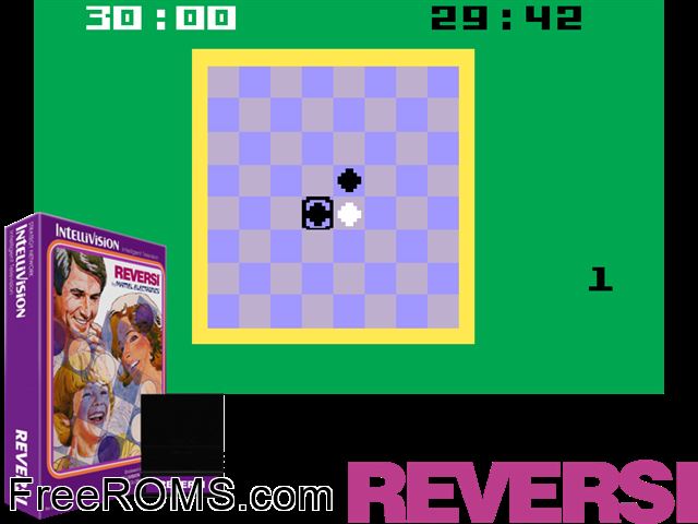 Reversi (1984)(Mattel) Intellivision game showing 3D box cover and gameplay screenshot