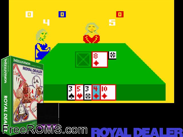 Royal Dealer (1981)(Mattel) Intellivision game showing 3D box cover and gameplay screenshot